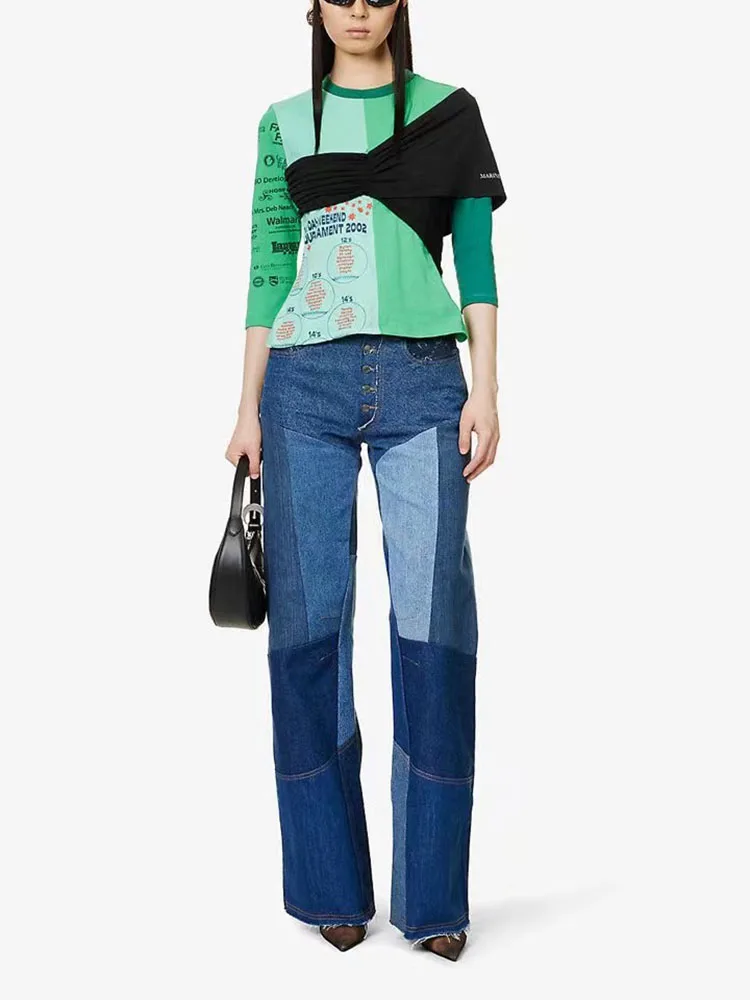 

y2k summer senior sense of collision color stitching short-sleeved T-shirt2023 fashion versatile stretch round neck Women top