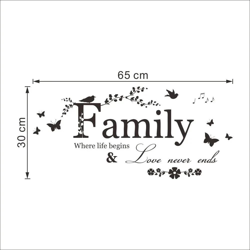 Family Love Never Ends Quote Vinyl Wall Decal Wall Lettering Word Art Wall Sticker Home Decor Wedding Decoration Living Room