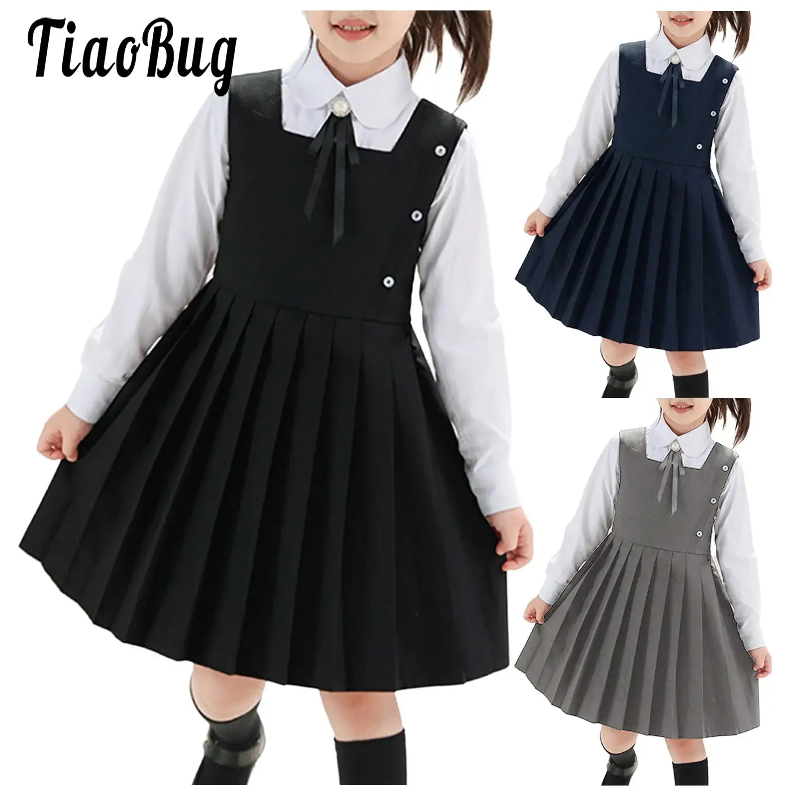 Kids Girls School Uniform Jumper Dress Student Uniform Costume Round Neck Sleeveless Zipper Pleated Dress School Uniforms