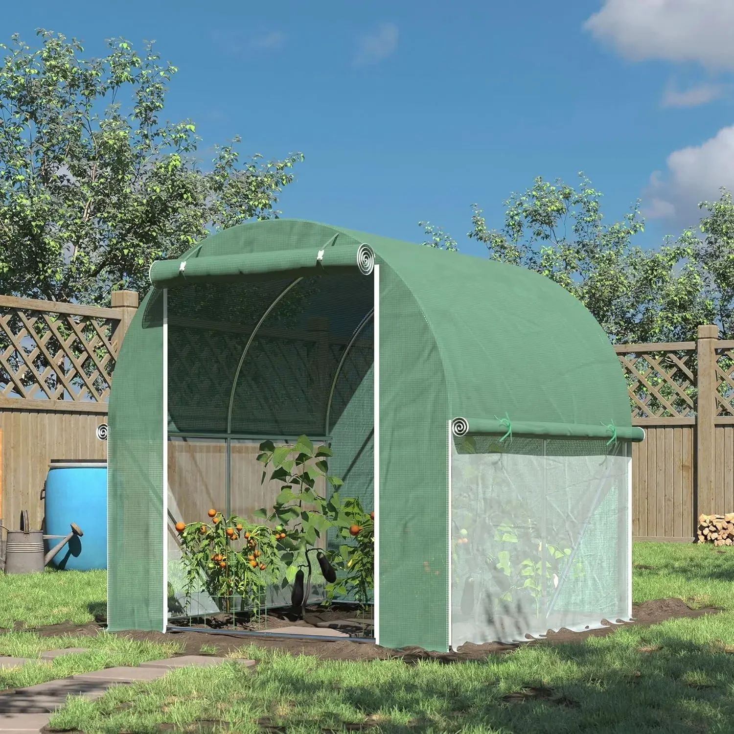 6' x 6' x 6' Tunnel Greenhouse Outdoor Walk-in Hot House with Roll-up Plastic Cover and Zippered Door, Steel Frame, Green