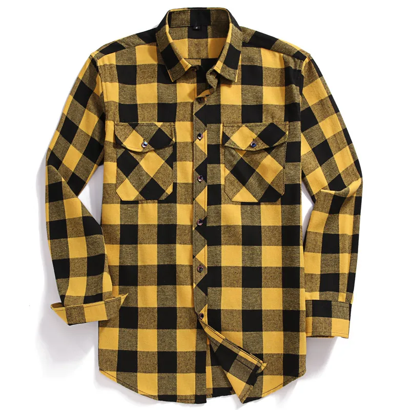 Men's Streetwear Thick  New Men Casual Plaid Flannel Shirt Long-Sleeved Chest Two Pocket Design Fashion Printed-Button USA Size hooded flannel plaid letter patched pocket shirt xxl night