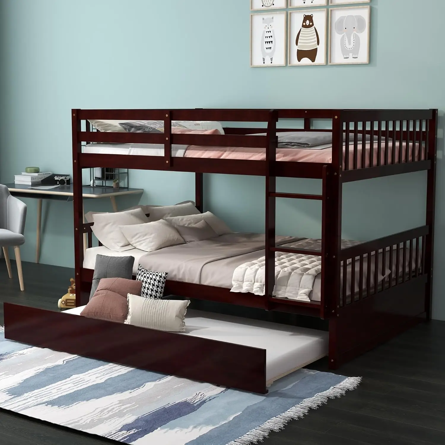 Wood Full Over Full Bunk Bed with Trundle, Bunk Bed Frame with Ladder, Solid Wood Frame & Safety Guardrails 4