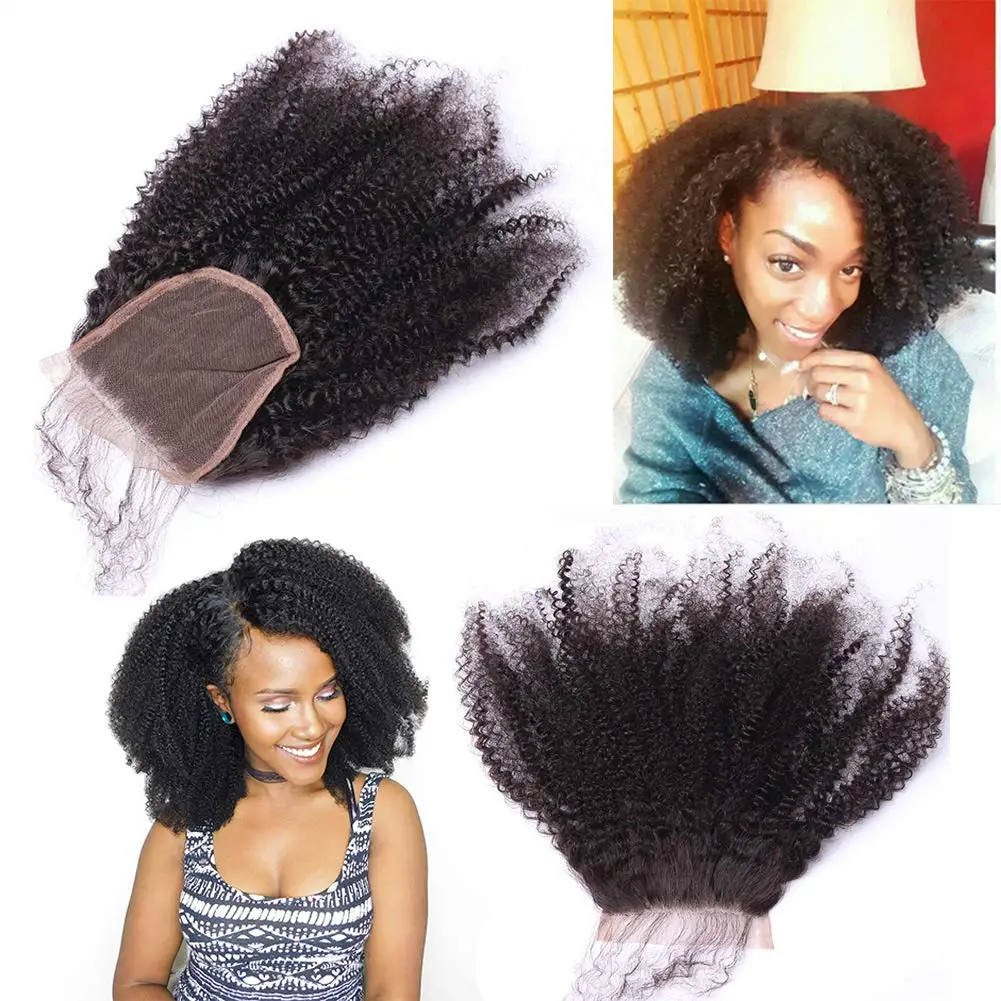 Human Hair Lace Closure Afro Kinky Curly Top Lace Closure 4X4 Top Closures Pre-plucked with Baby Hair Free Part