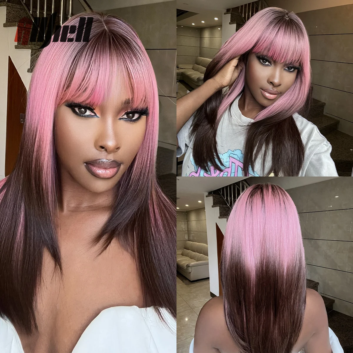 

Synthetic Ombre Pink Brown Straight Wig Long Layered Cosplay Wigs for Black Women Natural Hair with Bangs Heat Resistant Fibre