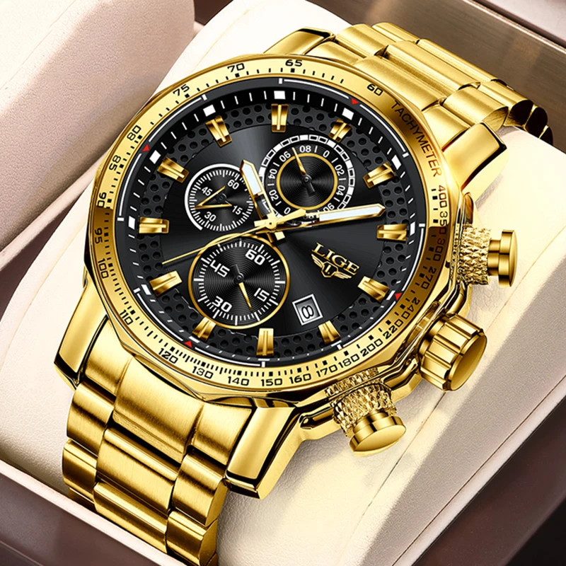 LIGE Orologio Uomo Cronografo, Quarzo Analogico Orologi Uomo, Impermeabile 3ATM, Funzione Calendario, Lancette Luminescenti, Abbinamento Elegante e Casual, Marrone