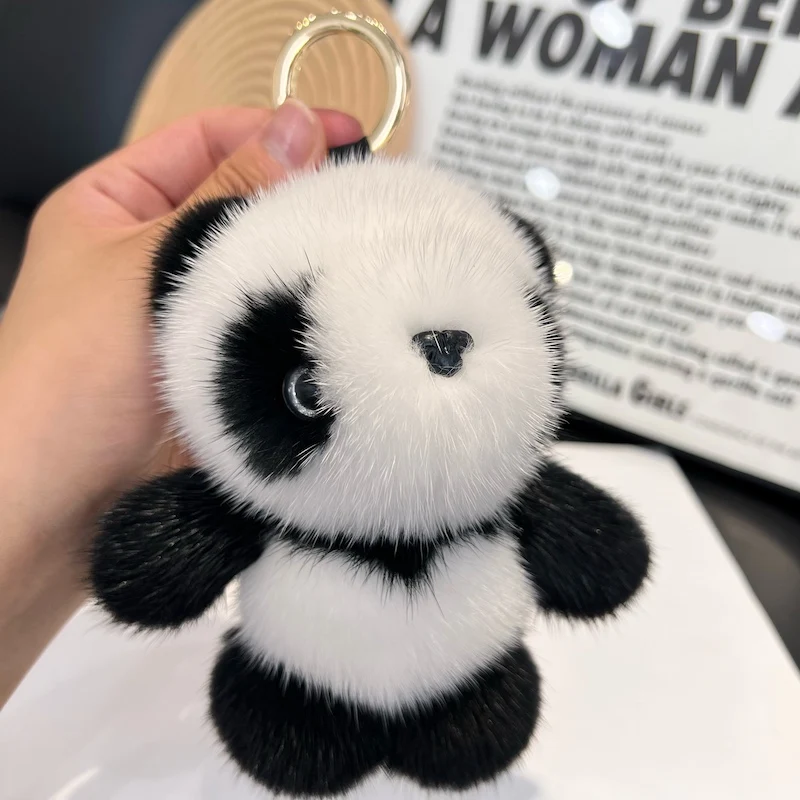

Cute Girls Fluffy Real Mink Fur Pompom ball Panda Keychain Women Fluffy Bag Car Jewelry Party Gift
