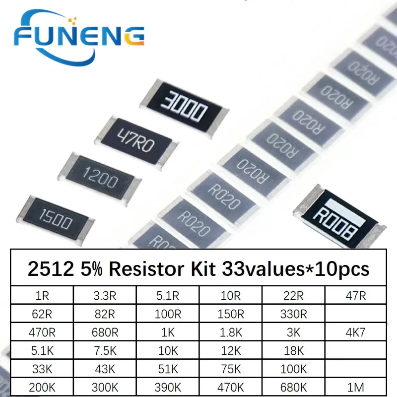 

Комплект резисторов 2512 SMD, набор в ассортименте, 1 Ом-1М ом, 5%, 33 значения, 10 шт. = 330 шт., Набор для творчества