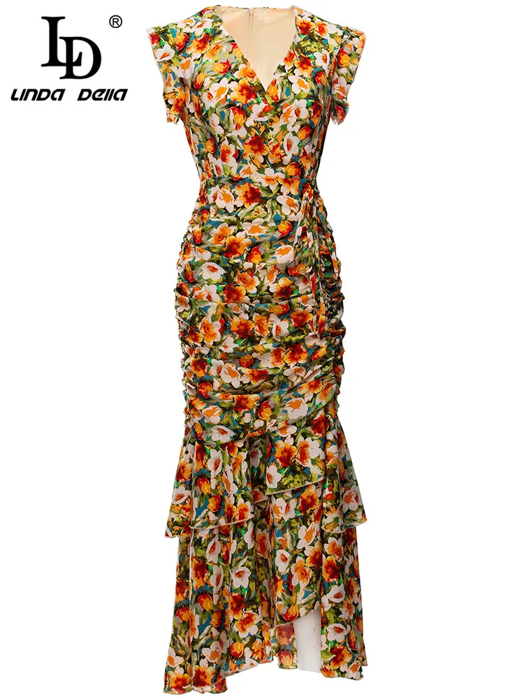 LD LINDA DELLA 2023 New Summer Runway Fashion Midi Dress Women V-neck Draped Flower Print Vintage Vacation Mermaid Dress