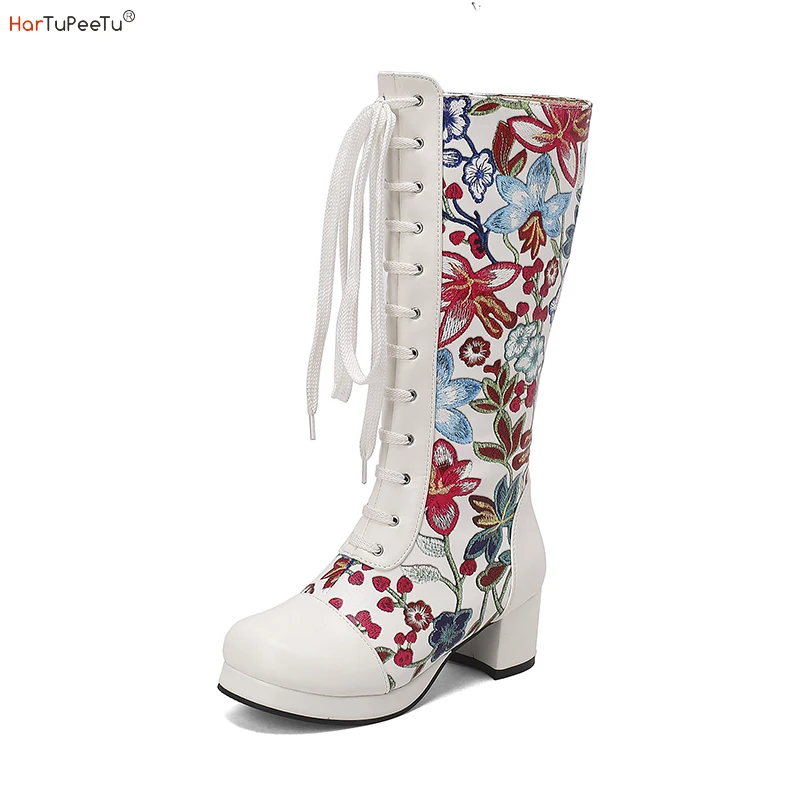 

Lolita Boots Women Mid Calf Platform Booties Lace Up Floral Print Cute PU Shoes Autumn Winter Chunky Heels Footwear