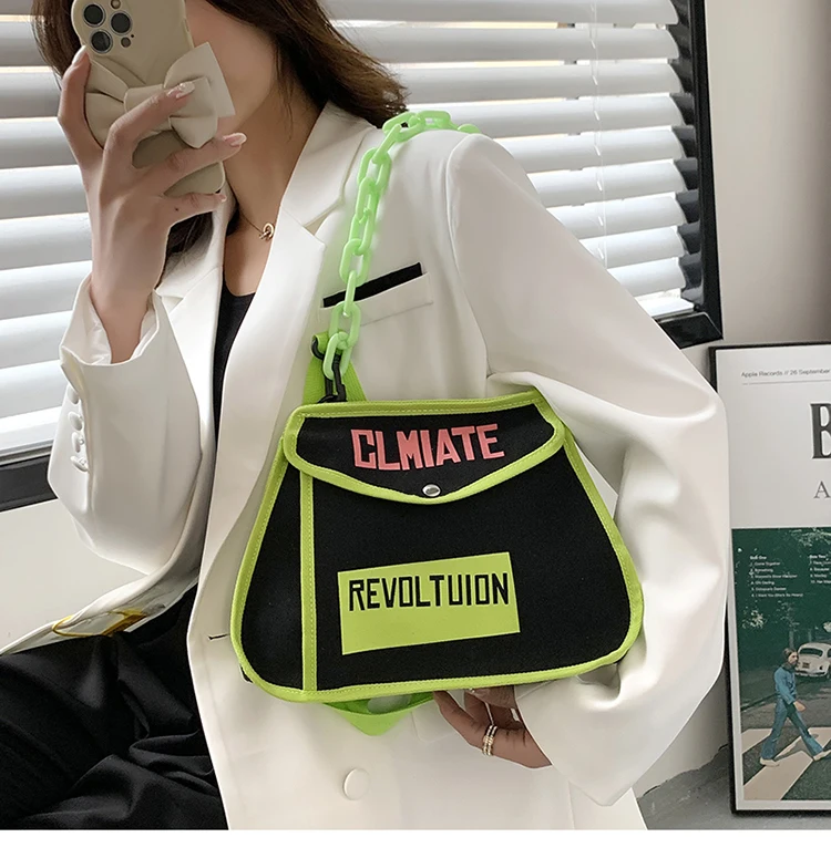 Canvas Women's Shoulder Bag Chain Casual Totes Contrast Color Ladies Crossbody Bag Trend Letter Print Fashion Designer Handbags