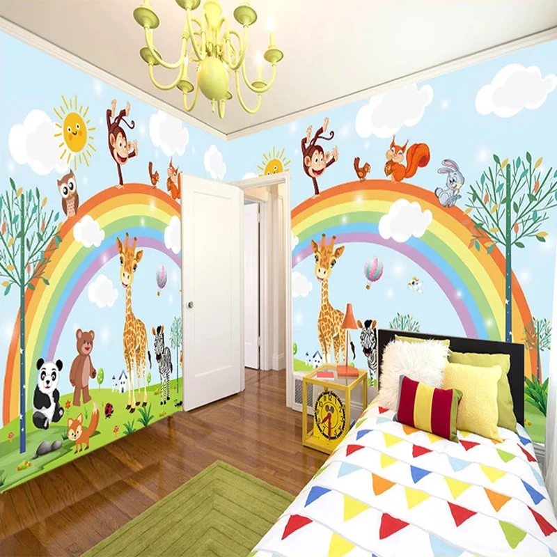 3D Hand Painted Cartoon Rainbow Animal Kindergarten Children Baby Room Bedroom Wardrobe Wallpaper Wall Mural Sticker Home Decor