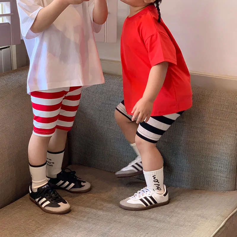 

Children Shorts 2023 Summer New Kid Girls Baby Boys Leggings Cotton Striped Knitted Bottoming Pants Toddler Knee-length Trousers