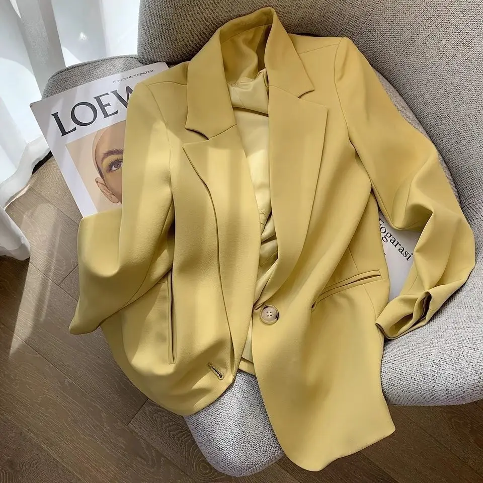 Blazers Women Baggy Yellow Pure Minimalist Streetwear Teens Personal Gentle Elegant Temper Design Cozy Notched Office Ladies