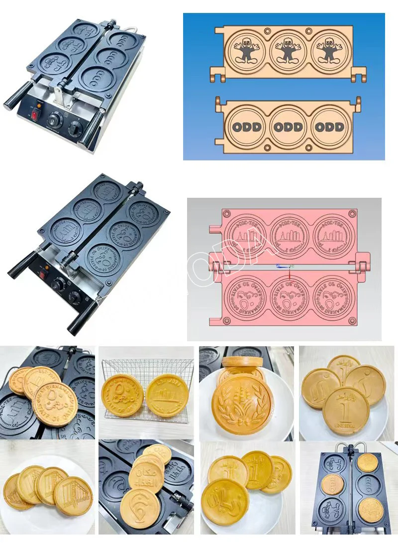 Description Picture 3 of item3Pcs Commercial Non-stick Coating Korean Gold Coin Waffle Machine Round Shape Cheese Bread Cartoon Waffle Maker Snack Equipment