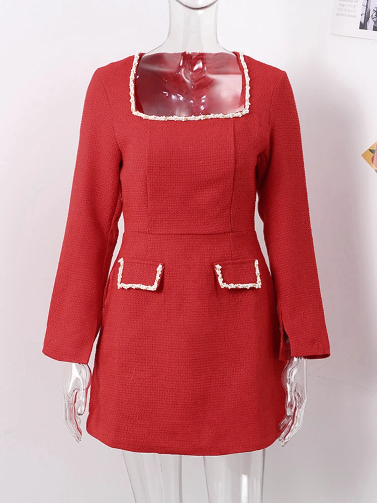 Elegant Tweed Short Party Dress Women Long Sleeve Square Collar Fake Pocket Evening Dresses Autumn Shiny Slim A-line Robes