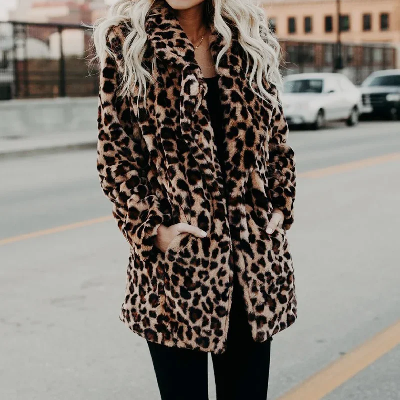 2023 Faux Fur Coat Women New Winter Fashion Leopard Print Outerwear Warm Long Sleeve Artificial Fur Jacket Plush Clothing S-5XL