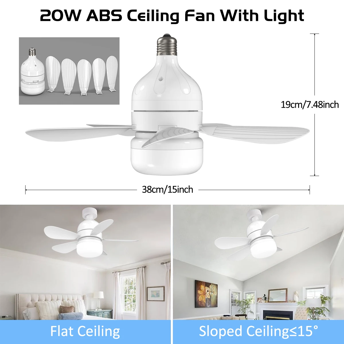 Socket Fan Light Bulb Dimmable LED Ceiling Fans with Lights and Remote Adjustable Color And Brightness Fan for Kitchen Bedroom