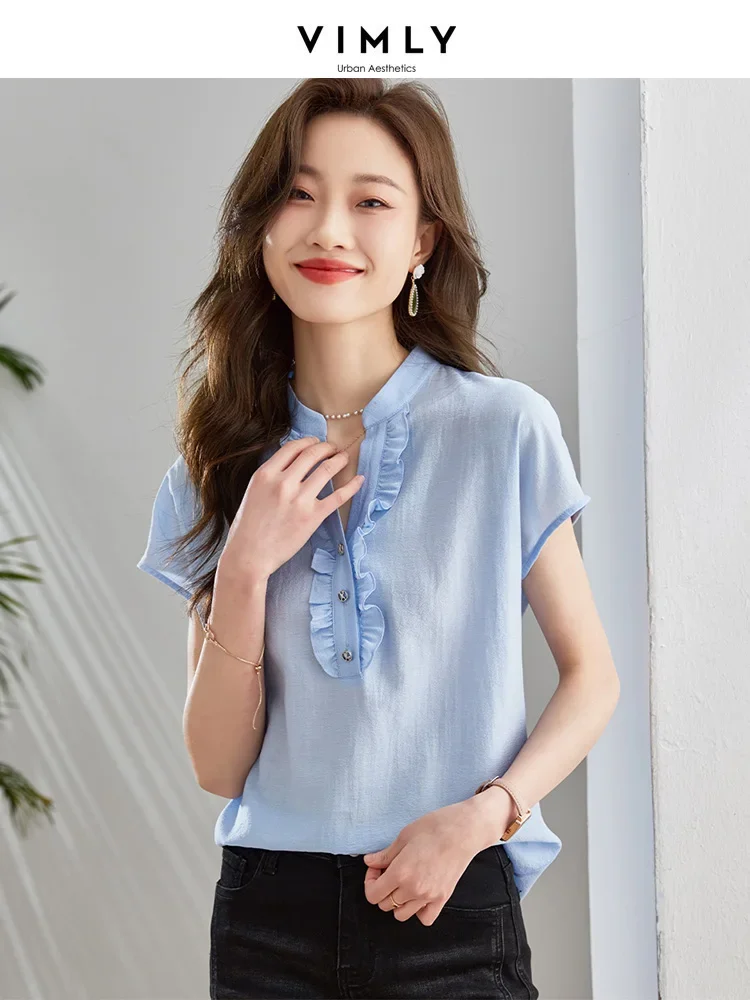 Vimly Blue Thin Acetate Summer Shirts for Women Fashion 2024 Straight-cut Ruffled V-neck Short Sleeve Ladies Blouse Tops V9080