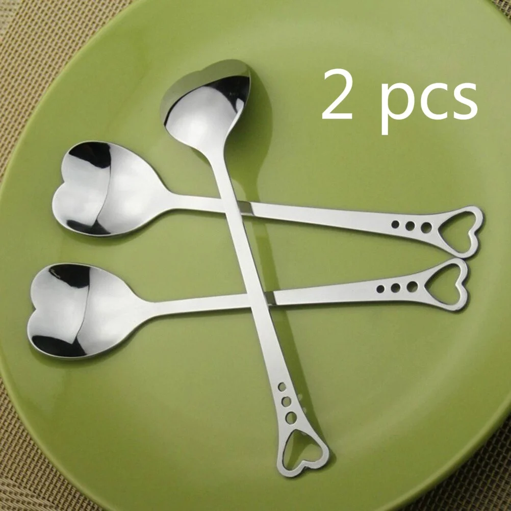 2pcs Heart Shaped Dessert Spoon Stainless Steel Silver Tea Coffee Spoon