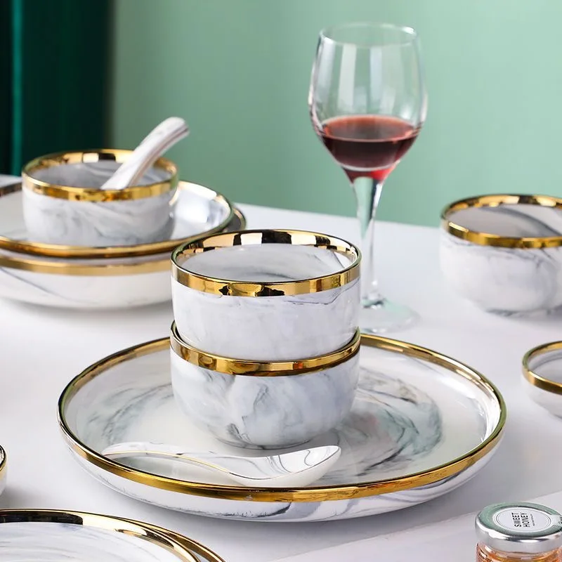 New Double-sided Gilt Rim Gray Marble Pattern Porcelain Dinner Tray Kitchen Plates Ceramic Food Dishes Rice Salad Noodles Bowl