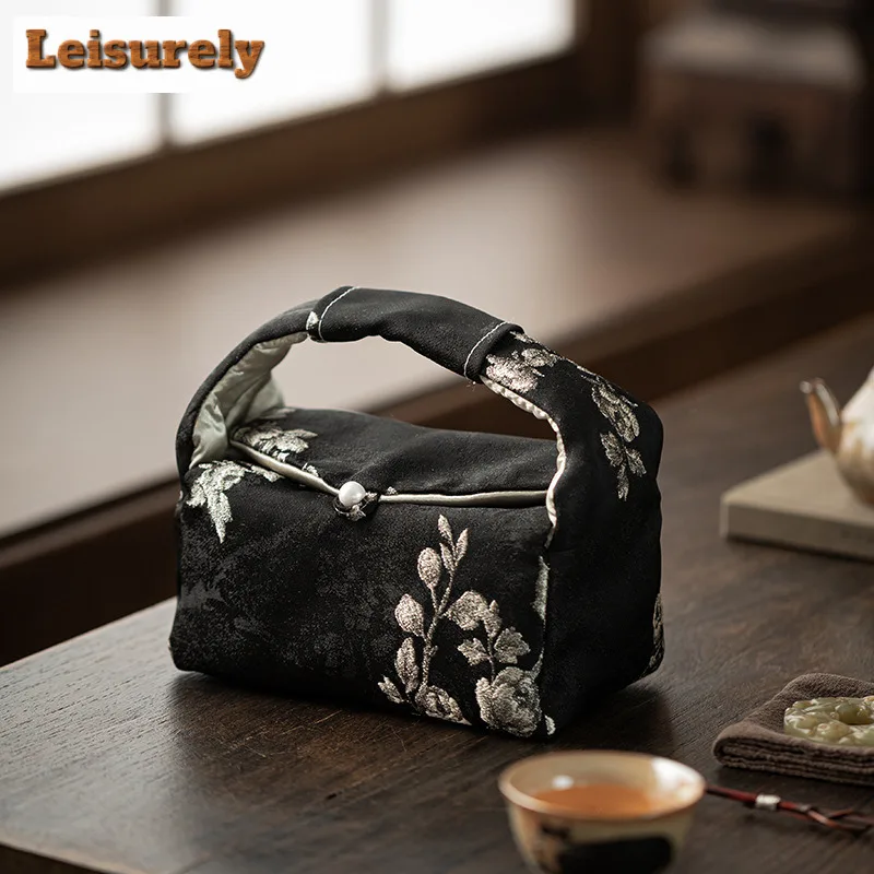 Brocade Plum Blossom Embroidery Tea Cozies Traditional Tea Cozy for Teapot Portable Bag Travel Tea Set Bag Drinkware Ornaments