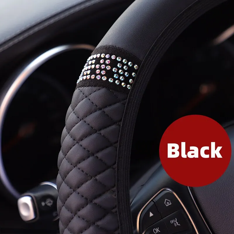 Car Steering Wheel Cover 37-38cm Without Inner Ring Three-dimensional Leather Embroidered Diamond-encrusted Breathable