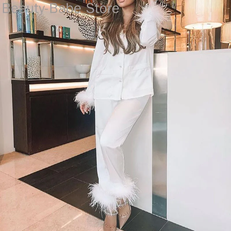 New Satin Women Pajamas 2 Piece Set Sleepwear with Feather Cuff Soft Elgant  Pajamas Women Nightgown Luxury Ladies' Sleepwear