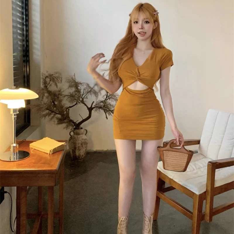 여성 브이넥 허리 움푹 패인 슬림핏 랩 엉덩이 원피스, 단색 섹시, 다목적 슬림 원피스, 여름