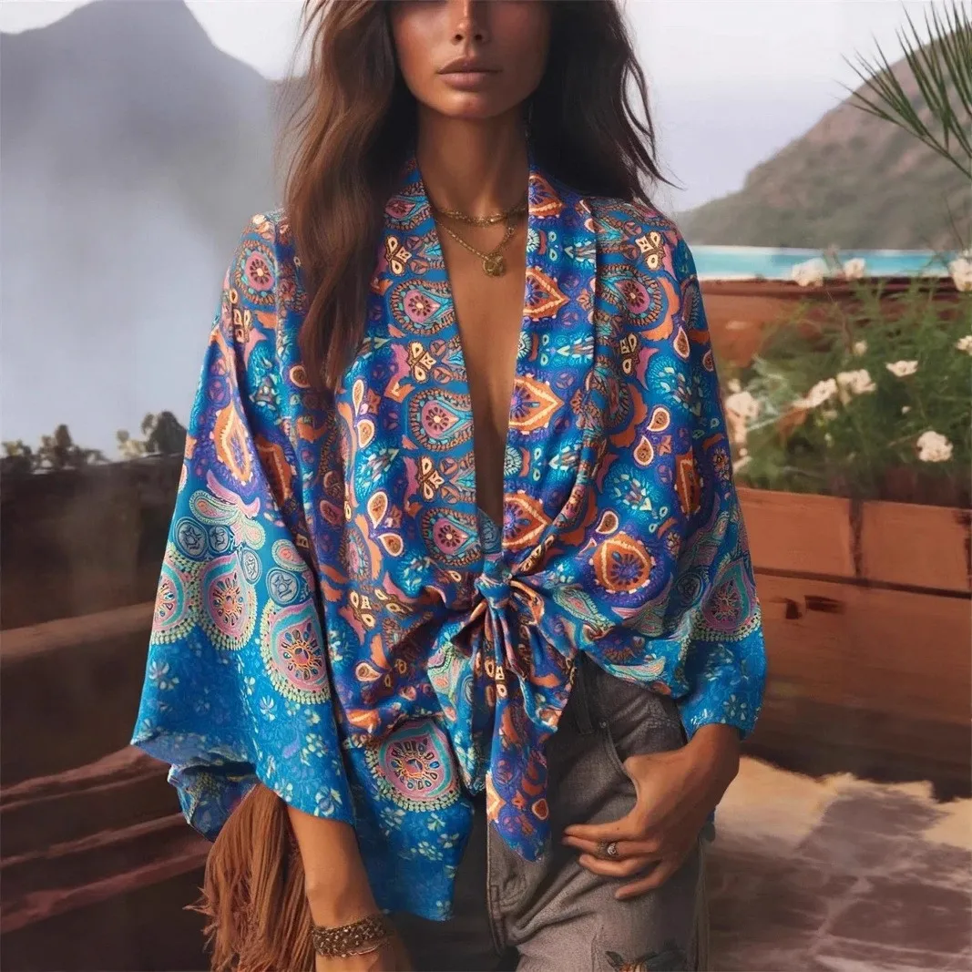 Happie Queens Women Fashion Kimono Short Robe 2025 Floral Batwing Sleeves Rayon Bohemian Bikini Cover Up Beachwear 1