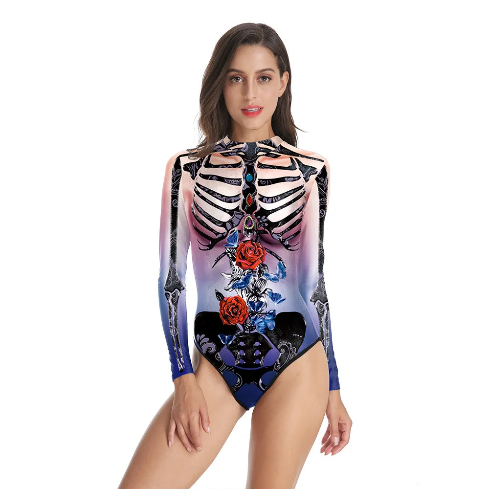 IOOTIANY Flowers Skeleton Print Women One-Piece Swimsuit Summer Casual Long Sleeve Beachwear Bathing Suit Sexy Tight Swimwear