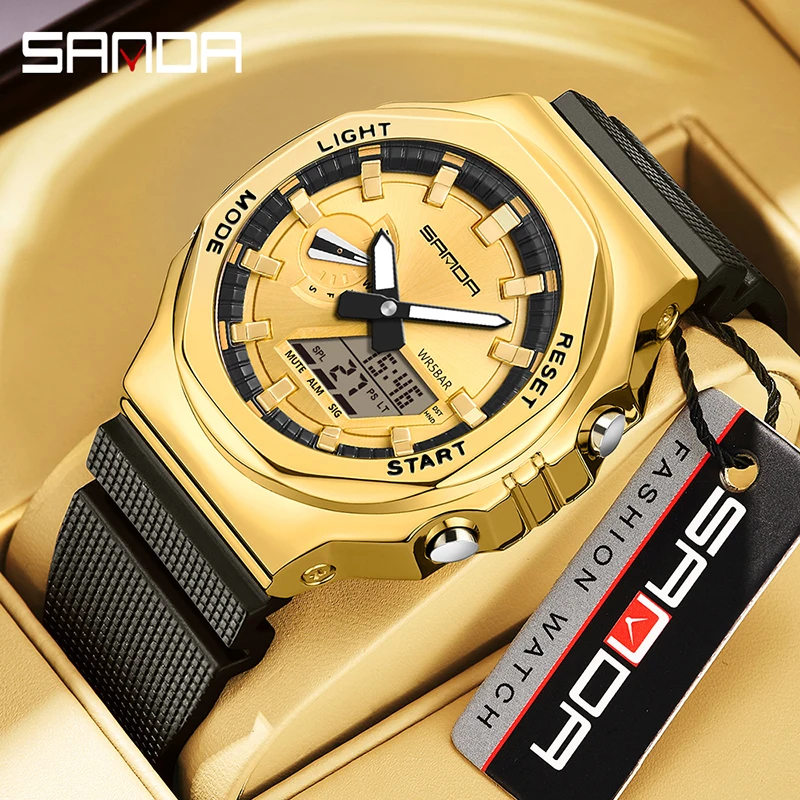 SANDA New Style Men Military Sport Wrist Watch Blue Quartz Steel Waterproof Dual Display Male Clock Watches Relogio Masculino