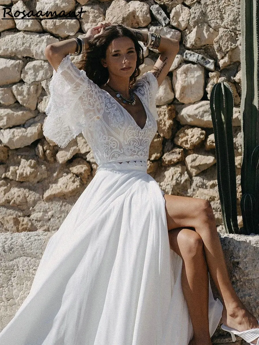 

Bohemian V-Neck Backless Chiffon A-Line Wedding Dresses Two Pieces Half Sleeve Appliques Lace Bridal Gowns Robe De Mariée