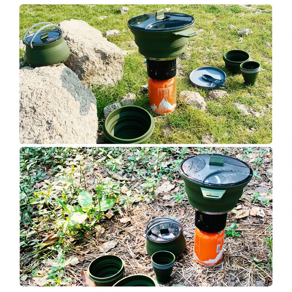 Camping Cookware Set Food-grade Silicone Folding Outdoor Tableware Cookset Cooking Kit Pot Kettle Bowl Hiking Picnic Equipment 5