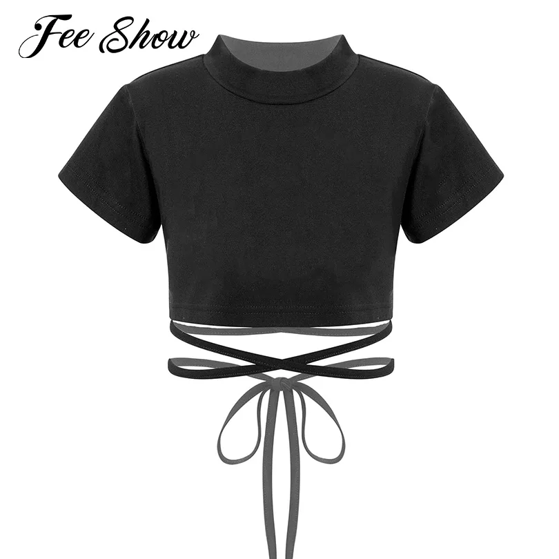 

Детский хлопковый спортивный топ для девочек, футболки, спортивный топ с коротким рукавом и круглым вырезом, укороченная футболка для детей, топы для джазовых и современных танцев, костюм