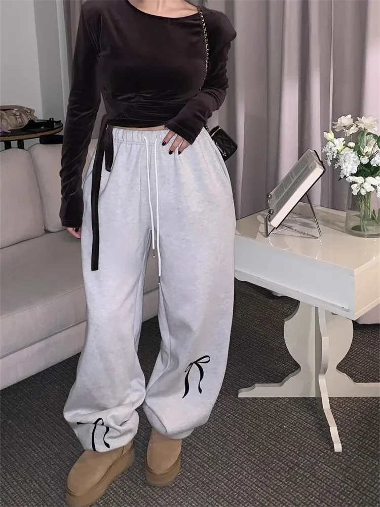 Deeptown Korean Fashion Fleece Sweatpants Women Y2K Bow Print Brushed Pants Oversized Winter Fairycore Wide Leg Joggers Pants