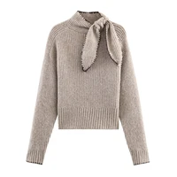 2025 Winter New Sweet and Fashionable Stand up Collar Long Sleeve Bow Decoration Knitted Sweater for Women - Image 3