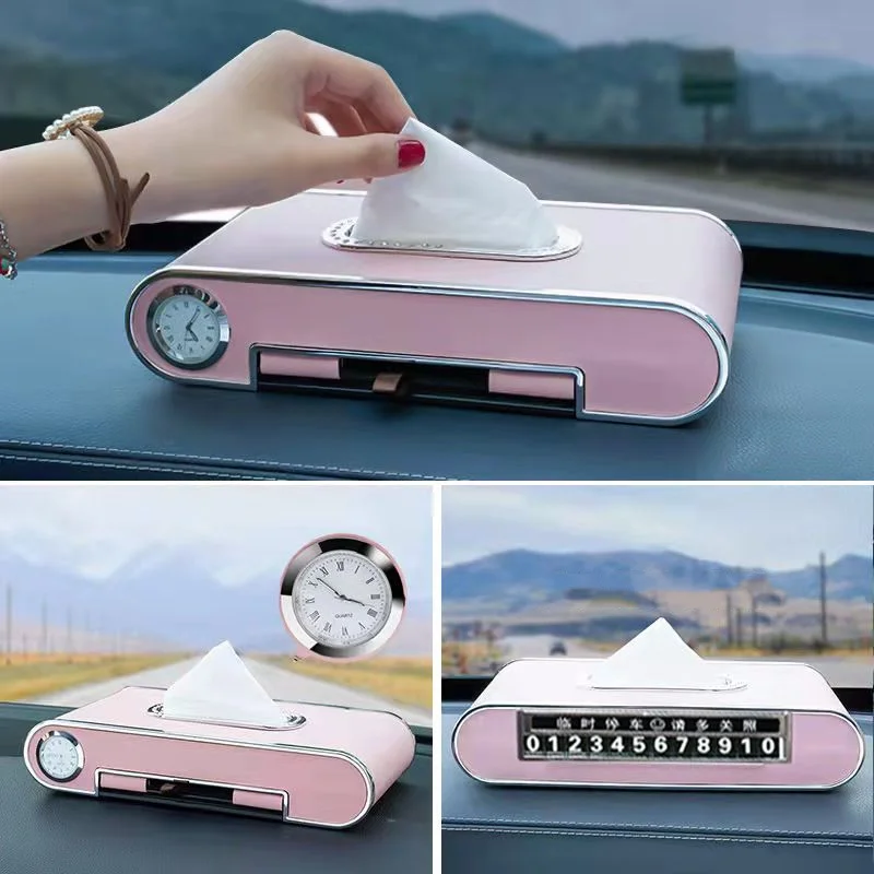 

ATsafepro Car tissue box 4-in-1 multifunctional mobile phone number holder clock paper drawer, car accessories interior supplies