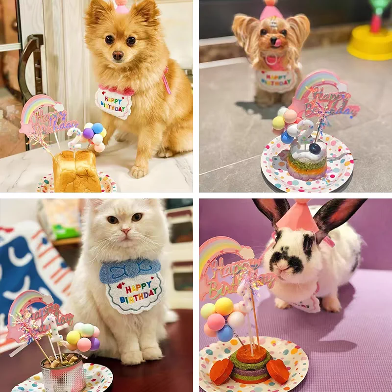 Cute Dog Cat Clothes Birthday Bib Party Hat Bandana Set Puppy