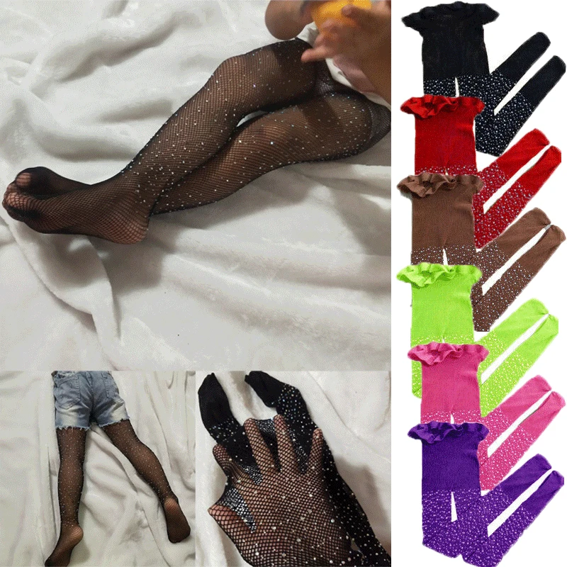 Children Tights Fashion girl tights children's Black Mesh sheer stockings for girls kids baby pantyhose Rhinestone thin tight Summer ballet tights children tights fishnet socks