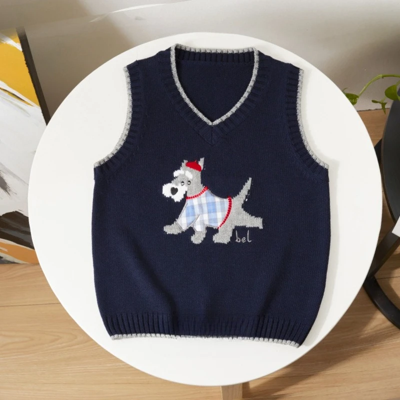 2025 가을/겨울 아동용 신상 우아한 V넥 귀여운 강아지 패턴 니트 아우터 조끼