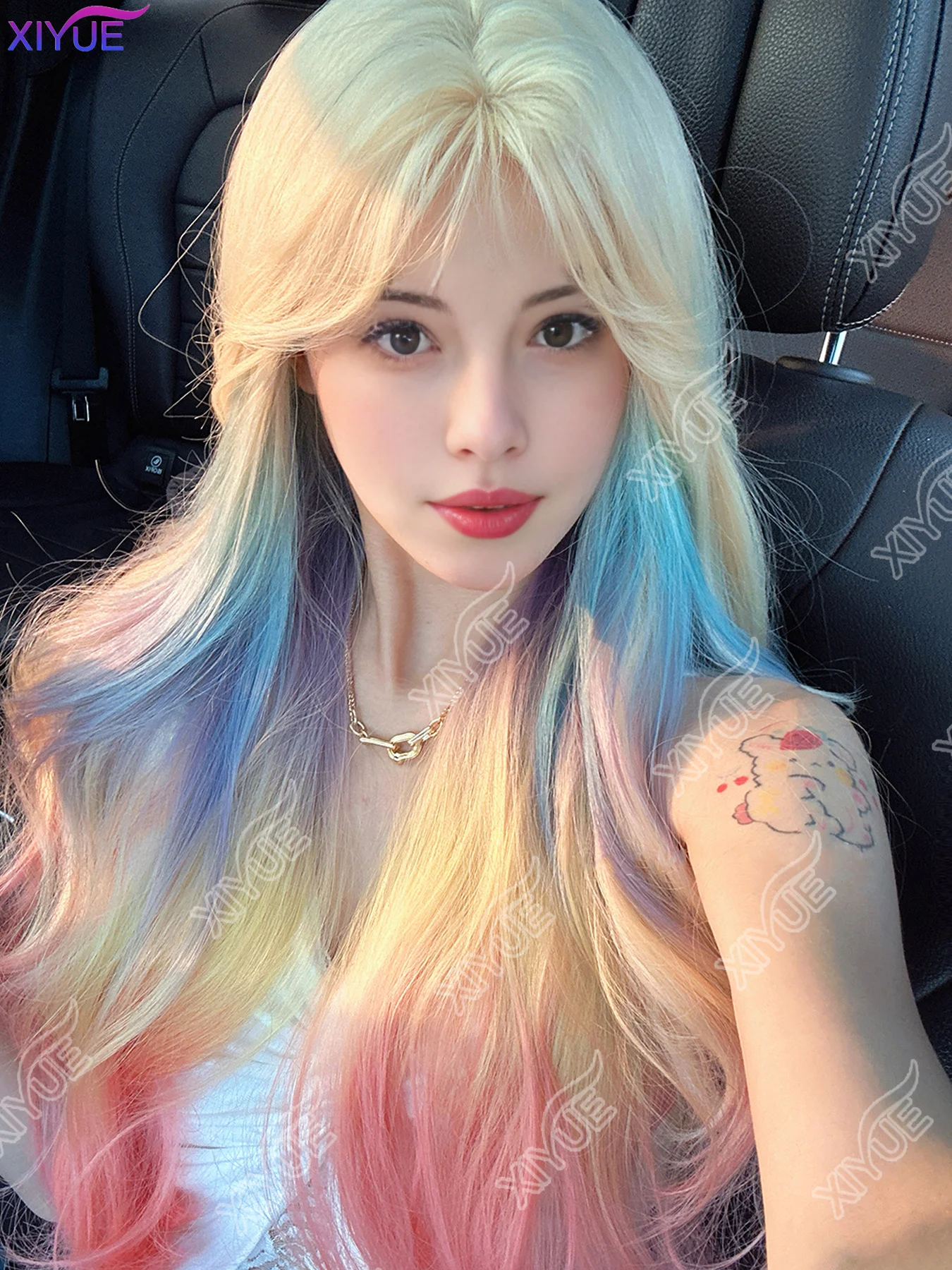 XIYUE Dopamine Girl Style Blonde Mix Multicolour Synthetic Wigs Middle Part Long Wavy Hair Wig For Women Cosplay Heat Resistant