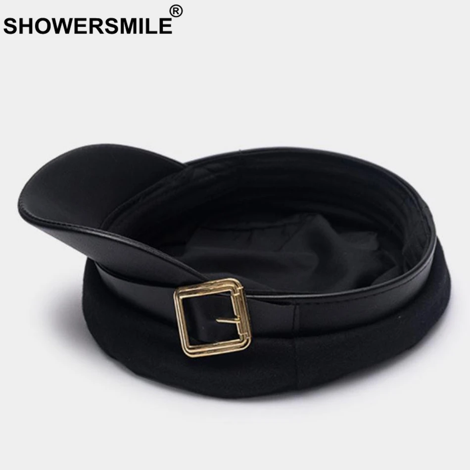 SHOWERSMILE Wool Newsboy Caps Winter Black Captain Hat Women Leather Flat Caps Ladies Elegant Classic British Baker Boy Cap