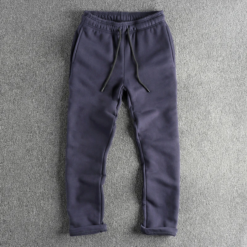 223# Winter New American Retro Thick Velvet Knitted Sweatpants Men's Simple Elastic Waist Drawstring Sport Casual Straight Pants