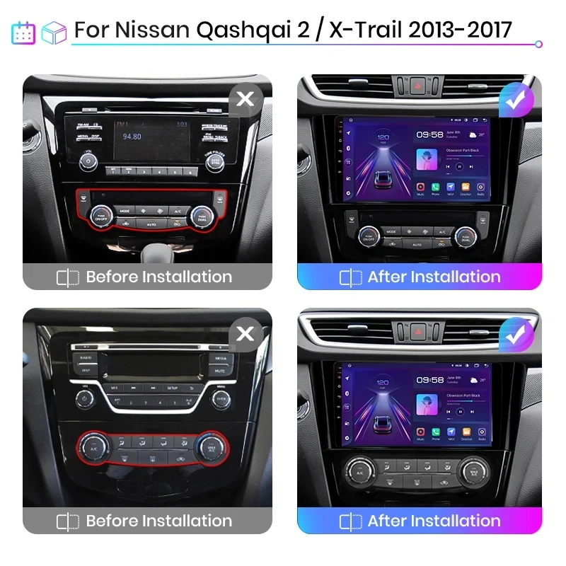 닛산 캐시카이 J11 X-Trail 3 T32 2013-2017 용 안드로이드 무선 카플레이, 4G 자동차 멀티미디어, GPS 와이파이 DVD, 2 din