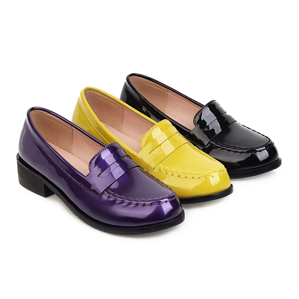 Spring Autumn New Women Low Heels Loafers Slip On Patent Leather Casual Daily Work Shoes Purple Black Yellow Plus Size 41 42 43 4