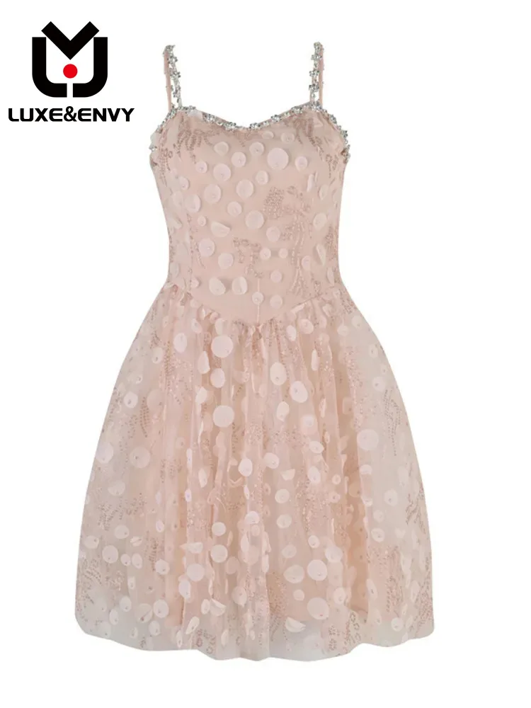 

LUXE&ENVY Exquisite rhinestone dress women's summer light luxury suspender lace dress short skirt dress L3101