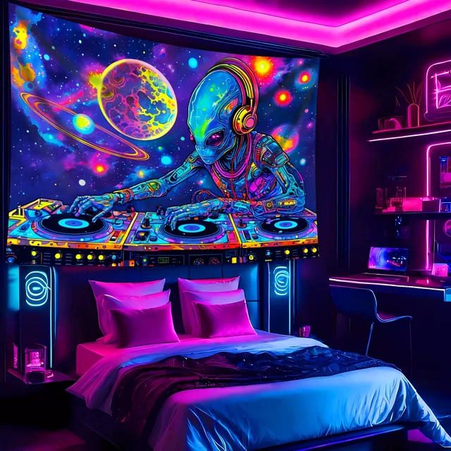 Alien DJ galaxie tapisserie fluorescente filant dans l'espace extérieur tapisserie UV tenture murale chambre décoration de fête à la maison 4