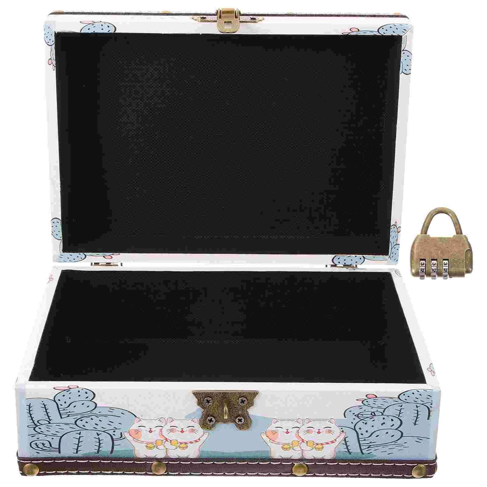 

Vintage Wood Box Code Lock Fortune Cat Pattern Retro Jewelry Storage Box