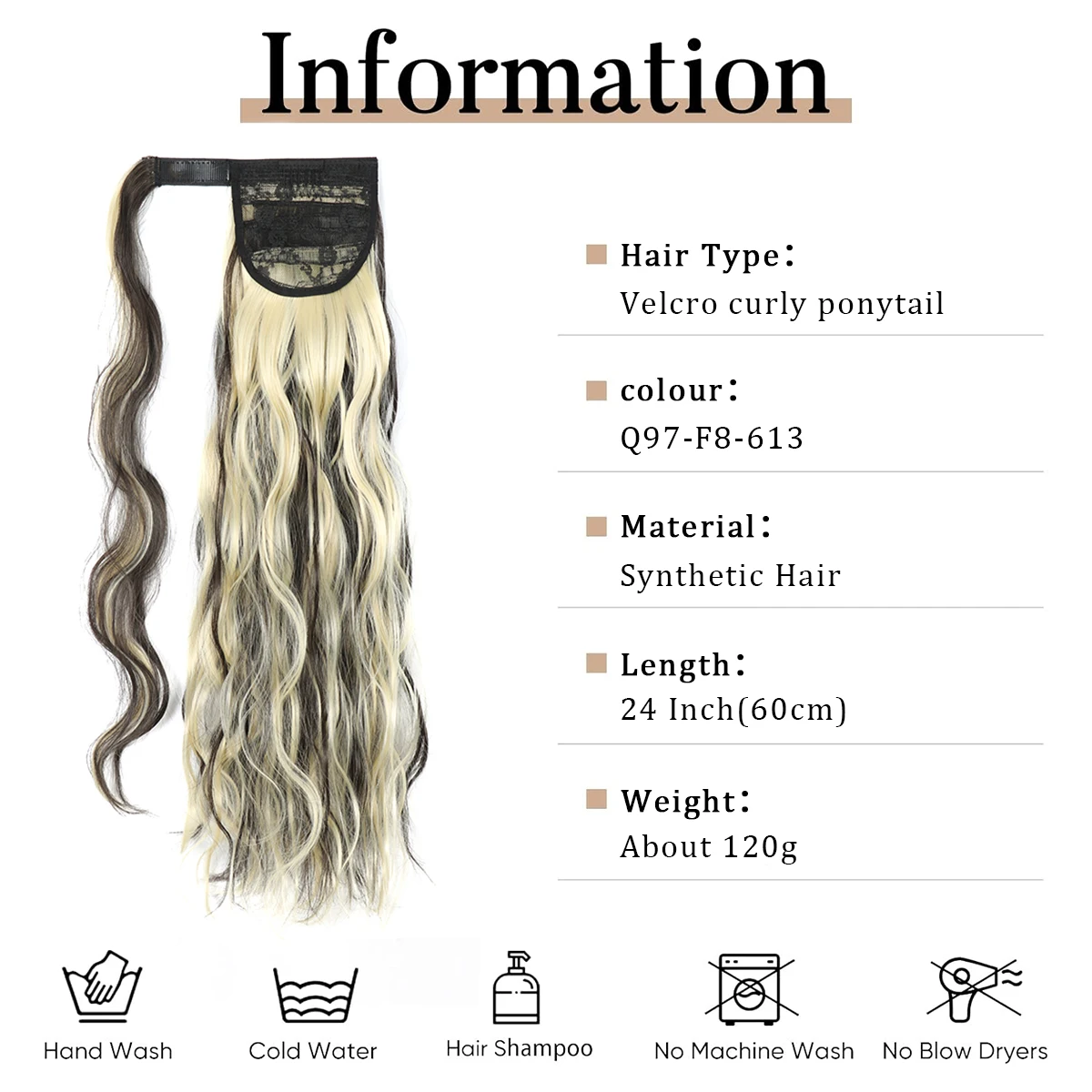 24 inch long wavy ponytail wrapped clip style ponytail hair extensions, synthetic heat-resistant hair patches