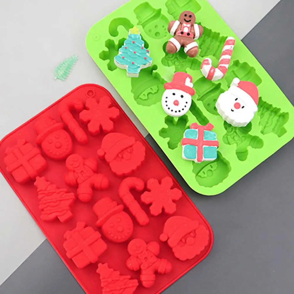 

Santa Claus Shaped Silicone Mold Christmas Silicone Mold 14 Cavities for Santa Snowman Tree Cane Gift Box Non-stick Food Grade